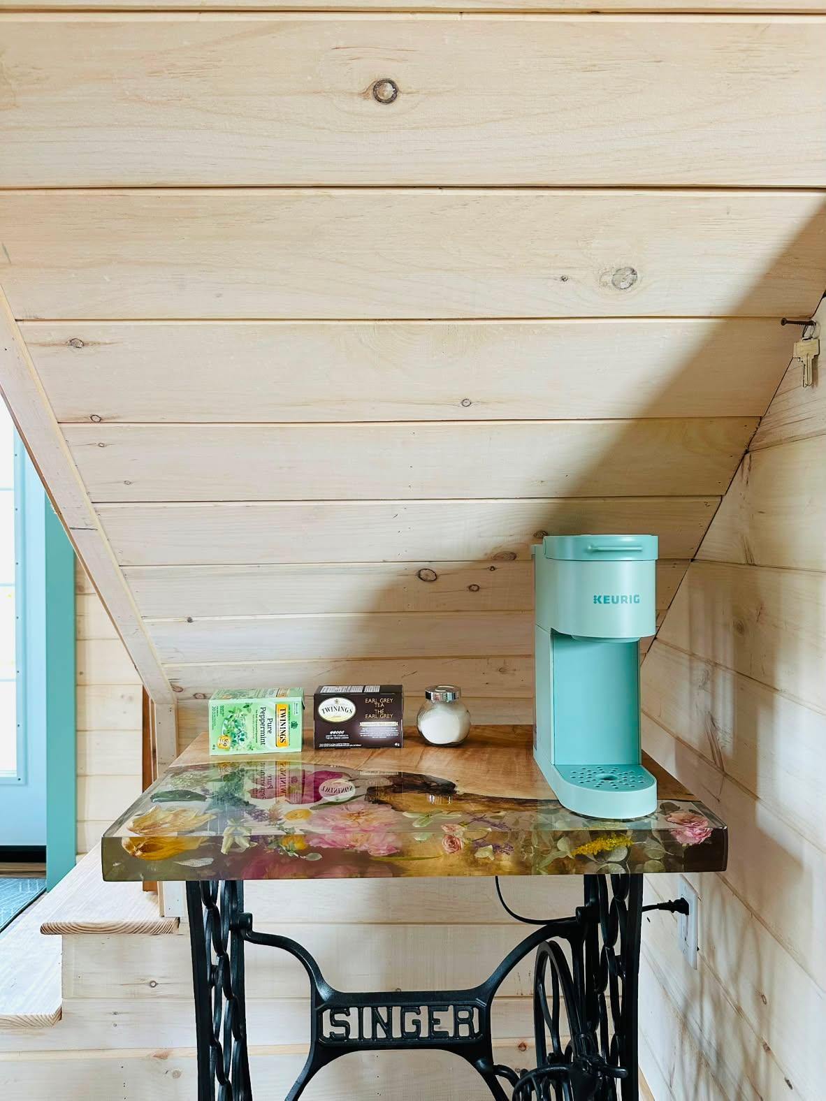 Coffee and tea station on an antique Singer sewing-table